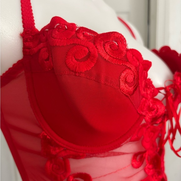 Lily  Red Lace-Up Sheer Top - Picture 7 of 15